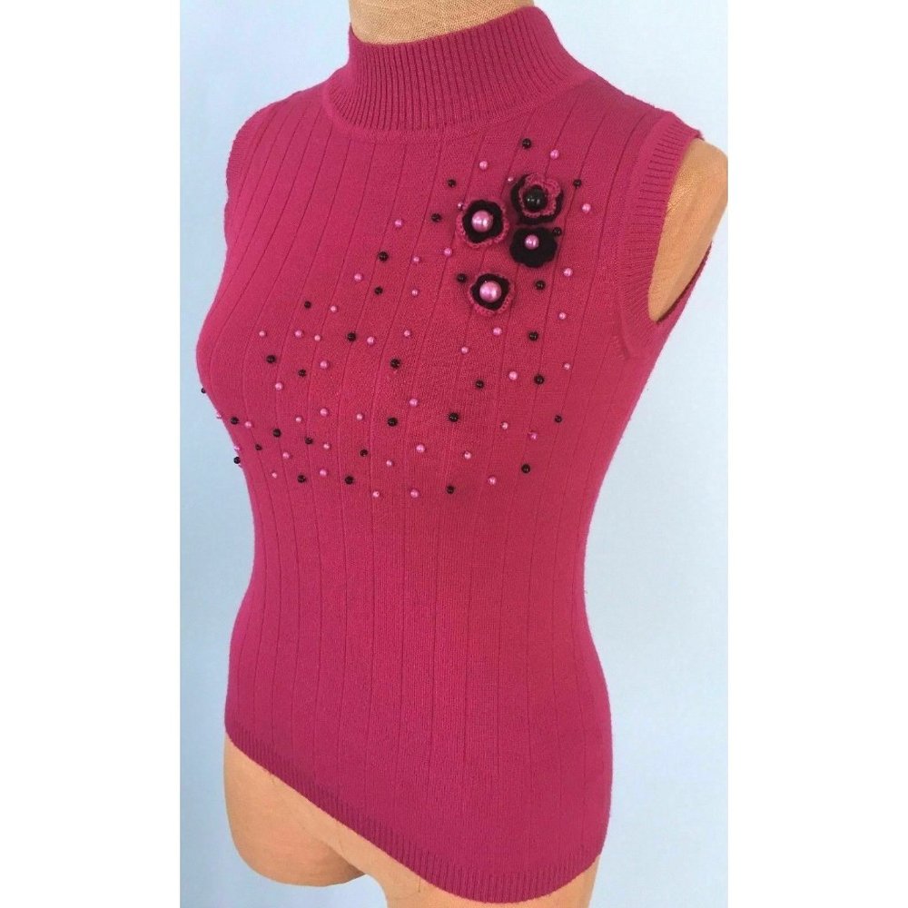 Juliana Women's Cardigan Sweater + Blouse Set Knit Embellished Fucsia Black S - Picture 5 of 12